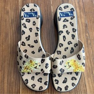 Via Via Blue Womens Slide On Slides 9 Hand painted Cheetah Leather Upper